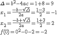 \Delta=b^2-4ac=1+8=9\\ \\ x_1=\frac{-b-\sqrt{\Delta}}{2a}=\frac{1-3}{2}=-1\\ x_2=\frac{-b+\sqrt{\Delta}}{2a}=\frac{1+3}{2}=2  \\ f(0)=0^2-0-2=-2
