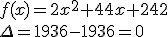 f(x)=2x^2+44x+242 \\ \Delta=1936-1936=0