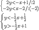 \begin{cases} \ \ 2y<-x+1/:2 \\ -2y<x-2/:(-2) \end{cases} \\ \begin{cases} y<-\frac{1}{2}x+\frac{1}{2} \\ y>-\frac{1}{2}x+1 \end{cases}