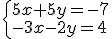 \begin{cases} 5x+5y=-7\\ -3x-2y=4 \end{cases}