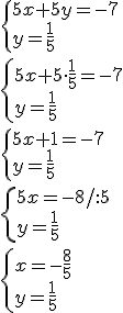 \begin{cases} 5x+5y=-7\\ y=\frac{1}{5} \end{cases}\\ \begin{cases} 5x+5\cdot \frac{1}{5}=-7\\ y=\frac{1}{5} \end{cases}\\ \begin{cases} 5x+1=-7\\ y=\frac{1}{5} \end{cases}\\ \begin{cases} 5x=-8/:5\\ y=\frac{1}{5} \end{cases}\\ \begin{cases} x=-\frac{8}{5}\\ y=\frac{1}{5} \end{cases}