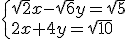\begin{cases} \sqrt{2}x-\sqrt{6}y=\sqrt{5}\\ 2x+4y=\sqrt{10} \end{cases}