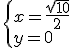 \begin{cases}x=\frac{\sqrt{10}}{2}\\ y=0 \end{cases}