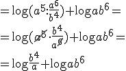 =\log{(a^5:\frac{a^6}{b^4})}+\log{ab^6}= \\ =\log{(\cancel{a^5}\cdot \frac{b^4}{a^{\cancel{6}}})}+\log{ab^6}= \\ =\log{\frac{b^4}{a}}+\log{ab^6}