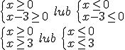 \begin{cases} x\geq0 \\ x-3\geq 0 \end{cases} \ lub \ \begin{cases} x\leq0 \\ x-3\leq 0 \end{cases} \\ \begin{cases} x\geq0 \\ x\geq 3 \end{cases} \ lub \ \begin{cases} x\leq0 \\ x\leq 3 \end{cases}