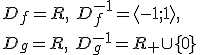 D_f=R,\ D_f^{-1}=\langle -1;1\rangle,\\ D_g=R,\ D_g^{-1}=R_+\cup \lbrace 0 \rbrace