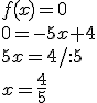 f(x)=0\\ 0=-5x+4\\ 5x=4/:5 \\ x=\frac{4}{5}