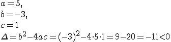 a=5,\\ b=-3,\\ c=1 \\ \Delta=b^2-4ac=(-3)^2-4\cdot 5\cdot 1=9-20=-11<0