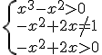\begin{cases}x^3-x^2>0 \\ -x^2+2x\neq 1 \\ -x^2+2x>0 \end{cases}