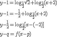 y-1=\log_{\frac{1}{2}}{\sqrt{2}} + \log_{\frac{1}{2}}{(x+2)} \\ y-1=-\frac{1}{2} + \log_{\frac{1}{2}}{(x+2)}\\ y-\frac{1}{2}=\log_{\frac{1}{2}}{[x-(-2)]}\\ y-q=f(x-p)