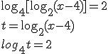 \log_{4}{[\log_{2}{(x-4)}]}=2 \\ t=\log_{2}{(x-4)} \\ log_{4}{t}=2