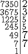 \begin{tabular}{r|l} 7350 & \Large{2}\\3675 & \Large{3}\\1225 & 5 \\245 & 5 \\49 & \Large{7} \\7 & \Large{7} \\1 &\end{tabular}