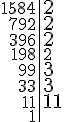 \begin{tabular}{r|l} 1584 & \Large{2}\\792 & \Large{2}\\396 & \Large{2} \\198 & 2 \\99 & \Large{3} \\33 & \Large{3} \\11 & \Large{11} \\1 &\end{tabular}