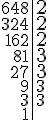 \begin{tabular}{r|l} 648 & \Large{2}\\324 & \Large{2} \\162 & \Large{2} \\81 & \Large{3} \\27 & \Large{3} \\9 & 3 \\3 & 3 \\1 &\end{tabular}