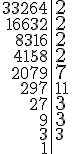 \begin{tabular}{r|l} 33264 & \Large{2}\\16632 & \Large{2} \\8316 & \Large{2} \\4158 & \Large{2} \\2079 & \Large{7}\\297 & 11 \\27 & \Large{3}\\9 & \Large{3}\\3 & 3\\1 &\end{tabular}
