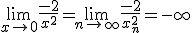 \lim_{x\to 0}{\frac{-2}{x^2}}=\lim_{n\to\infty}{\frac{-2}{x_n^2}}=-\infty
