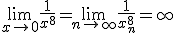 \lim_{x\to 0}{\frac{1}{x^8}}=\lim_{n\to\infty}{\frac{1}{x_n^8}}=\infty