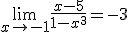 \lim_{x\to -1}{\frac{x-5}{1-x^3}}=-3