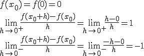 f(x_0)=f(0)=0 \\ \lim_{h\to 0^+}{\frac{f(x_0+h)-f(x_0)}{h}}=\lim_{h\to 0^+}{\frac{h-0}{h}}=1 \\ \lim_{h\to 0^-}{\frac{f(x_0+h)-f(x_0)}{h}}=\lim_{h\to 0^-}{\frac{-h-0}{h}}=-1