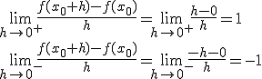 \lim_{h\to 0^+}{\frac{f(x_0+h)-f(x_0)}{h}}=\lim_{h\to 0^+}{\frac{h-0}{h}}=1 \\ \lim_{h\to 0^-}{\frac{f(x_0+h)-f(x_0)}{h}}=\lim_{h\to 0^-}{\frac{-h-0}{h}}=-1