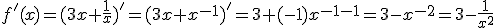 f'(x)=(3x+\frac{1}{x})'=(3x+x^{-1})'=3+(-1)x^{-1-1}=3-x^{-2}=3-\frac{1}{x^2}