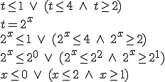 t\leq1 \ \vee \ (t\leq4 \ \wedge \ t\geq2) \\ t=2^x \\ 2^x\leq1 \ \vee \ (2^x\leq4 \ \wedge \ 2^x\geq2) \\ 2^x\leq 2^0 \ \vee \ (2^x\leq 2^2 \ \wedge \ 2^x\geq 2^1) \\ x\leq 0 \ \vee \ (x\leq 2 \ \wedge \ x\geq 1)