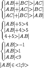 \begin{cases} |AB|+|BC|>|AC|\\ |AB|+|AC|>|BC|\\ |AC|+|BC|>|AB|\end{cases}\\ \begin{cases} |AB|+5>4\\ |AB|+4>5\\ 4+5>|AB|\end{cases}\\ \begin{cases} |AB|>-1\\ |AB|>1\\ |AB|<9 \end{cases} \\ |AB|\in <1;9>