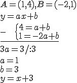 A=(1,4), B=(-2,1)\\ y=ax+b \\ \underline{- \ \ \ \begin{cases} 4=a+b \\ 1=-2a+b\end{cases}}\\ 3a=3/:3\\ a=1\\ b=3\\ y=x+3
