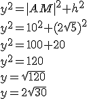 y^2=|AM|^2+h^2\\ y^2=10^2+(2\sqrt{5})^2\\ y^2=100+20\\ y^2=120\\ y=\sqrt{120}\\ y=2\sqrt{30}