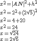 x^2=|AN|^2+h^2\\ x^2=2^2+(2\sqrt{5})^2\\ x^2=4+20\\ x^2=24\\ x=\sqrt{24}\\ x=2\sqrt{6}
