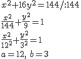 x^2+16y^2=144/:144\\ \frac{x^2}{144}+\frac{y^2}{9}=1\\ \frac{x^2}{12^2}+\frac{y^2}{3^2}=1\\ a=12, \ b=3