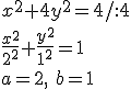 x^2+4y^2=4/:4\\ \frac{x^2}{2^2}+\frac{y^2}{1^2}=1\\ a=2, \ b=1