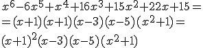 x^6-6x^5+x^4+16x^3+15x^2+22x+15=\\ =(x+1)(x+1)(x-3)(x-5)(x^2+1)= \\ (x+1)^2(x-3)(x-5)(x^2+1)