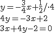 y=-\frac{3}{4}x+\frac{1}{2}/\cdot 4\\ 4y=-3x+2\\ 3x+4y-2=0
