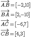 \vec{AB}=[-2,10]\\ \vec{BA}=[2,-10]\\ \vec{AC}=[-6,7]\\ \vec{CB}=[4,3]