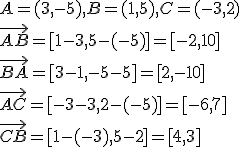 A=(3,-5), B=(1,5), C=(-3,2)\\ \vec{AB}=[1-3,5-(-5)]=[-2,10]\\ \vec{BA}=[3-1,-5-5]=[2,-10]\\ \vec{AC}=[-3-3,2-(-5)]=[-6,7]\\ \vec{CB}=[1-(-3),5-2]=[4,3]