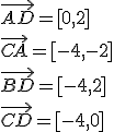 \vec{AD}=[0,2]\\ \vec{CA}=[-4,-2]\\ \vec{BD}=[-4,2]\\ \vec{CD}=[-4,0]