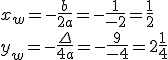 x_w=-\frac{b}{2a}=-\frac{1}{-2}=\frac{1}{2} \\ y_w=-\frac{\Delta}{4a}=-\frac{9}{-4}=2\frac{1}{4}