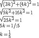 \sqrt{(3k)^2+(4k)^2}=1\\ \sqrt{9k^2+16k^2}=1\\ \sqrt{25k^2}=1\\ 5k=1/:5\\ k=\frac{1}{5}