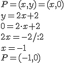 P=(x,y)=(x,0)\\ y=2x+2\\ 0=2\cdot x+2\\ 2x=-2/:2\\ x=-1\\ P=(-1,0)
