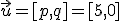 \vec{u}=[p,q]=[5,0]