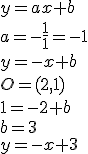 y=ax+b\\ a=-\frac{1}{1}=-1\\ y=-x+b\\ O=(2,1)\\ 1=-2+b\\ b=3\\ y=-x+3
