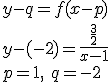 y-q=f(x-p)\\ y-(-2)=\frac{\frac{3}{2}}{x-1} \\ p=1, \ q=-2