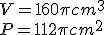 V=160\pi{cm^3}\\P=112\pi{cm^2}