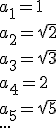 a_1=1 \\ a_2=\sqrt{2} \\ a_3=\sqrt{3} \\ a_4=2 \\ a_5=\sqrt{5} \\ ...